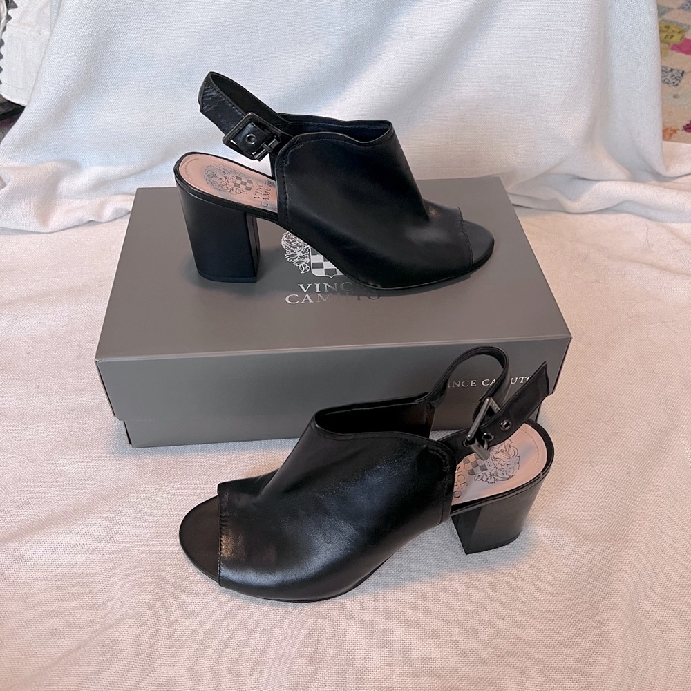 Vince Camuto Brianny black leather block heels
